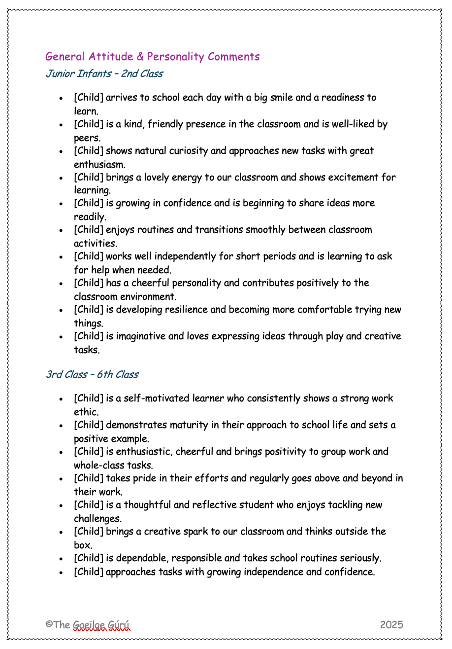 Tráchtanna Deireadh na Bliana / End of Year Report Card Comments
